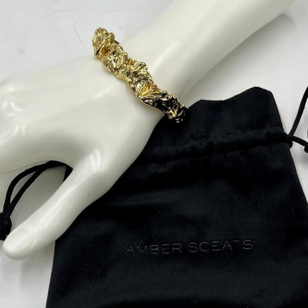 Amber Sceats Designer Emery Cuff Bracelet Crushed Metal Design Bright 24k Plated